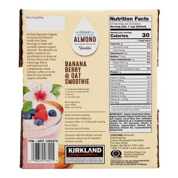 Kirkland Signature, Organic Almond Beverage, Vanilla, 32 fl oz, 6-Count